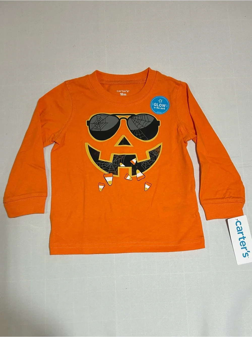 Carter's Boys 18 Months Halloween Orange Pumpkin Face Glow in Dark Top NWT